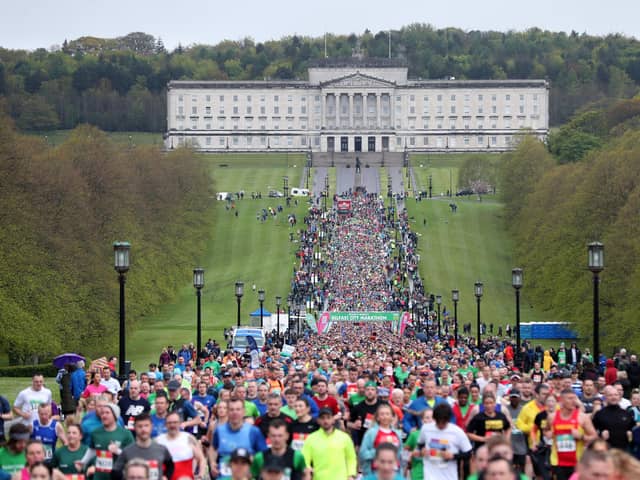 General view of the start of the 2022 Mash Direct Belfast City Marathon at Parliament Buildings, Stormont