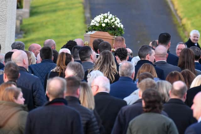 The funeral of Tom Skelton at Kilraughts Presbyterian Church, Ballymoney on 11 February 2024. 
Photo: Andrew McCarroll, Pacemaker Press