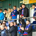 Loughgall fans celebrate success over Newry City to mark the club's return to Premiership football with a 3-0 win. (Photo by Andrew McCarroll/Pacemaker)