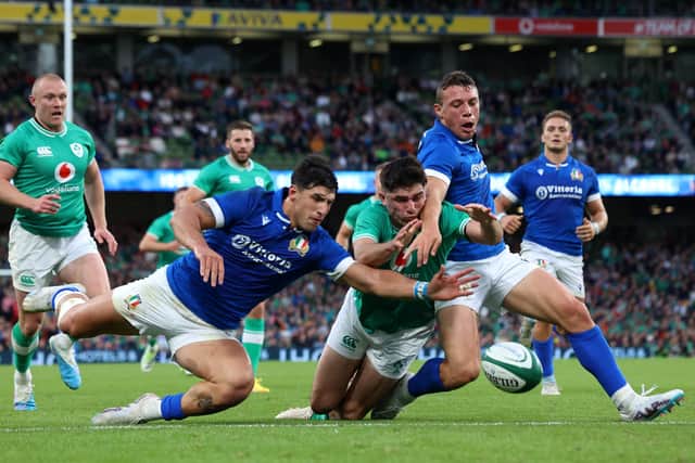 Ireland's Jimmy O'Brien is denied a try during the Summer Nations Series match against Italy earlier this month