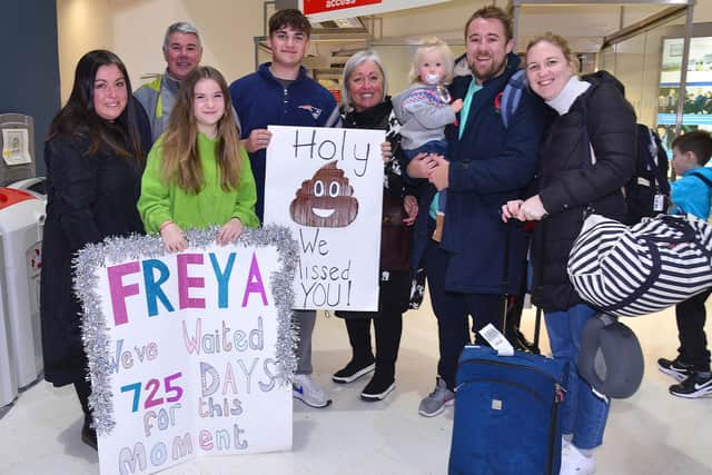 Simon, Rachael and Freya Fletcher from Australia with Michael Fletcher, Joy Fletcher, Emma Lewis, Isabella Lewis and Jacob Lewis from Fourwinds in Belfast pictured at Belfast City Airport. Picture: Arthur Allison/Pacemaker Press