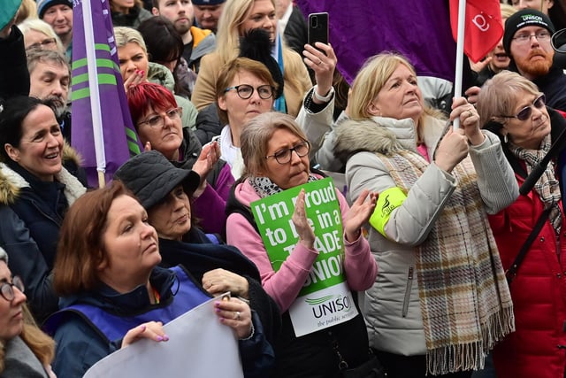 Teachers, nurses, ambulance and hospital staff take part in a  strike which gathered at at Belfast City Hall.
Pic Colm Lenaghan/Pacemaker