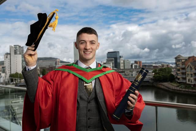 Gymnast Rhys McClenaghan receiving his Honorary Doctorate from Ulster University