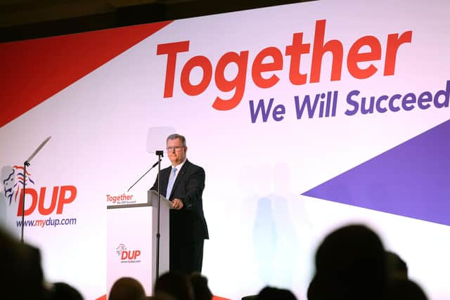 DUP leader Sir Jeffrey Donaldson delivers his keynote speech during his party's annual conference at the Crowne Plaza Hotel in Belfast. Photo: Liam McBurney/PA Wire