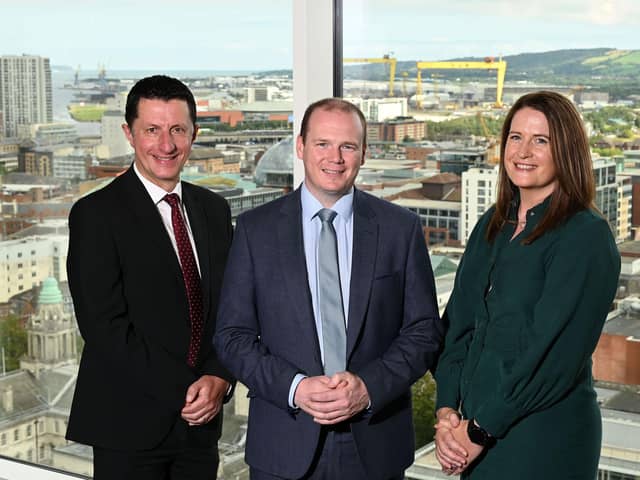 Economy Minister Gordon Lyons has announced an additional £11.5 million funding package funding to support the further recovery of the tourism industry across Northern Ireland. The Minister is pictured with David Roberts Tourism NI director of Strategic Development, and Helen McGorman, Tourism Ireland, head of Stakeholder Engagement (Northern Ireland)