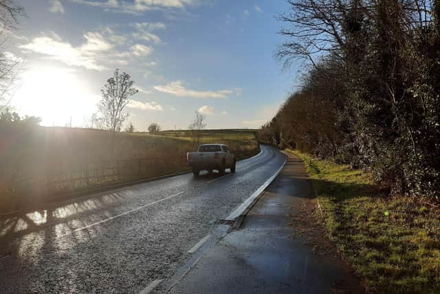 Traffic on the Ballyrobert Road heading out of Crawfordsburn in Co Down on Thursday January 18, when temperatures were at or near freezing but when roads across Northern Ireland were not gritted due to the 'general strike' across the province. By Ben Lowry