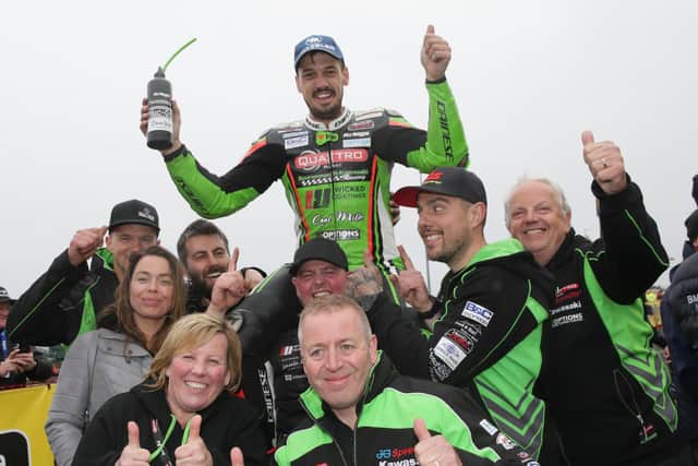 Hampshire's James Hillier celebrates his victory in the Superstock race at the 2019 North West 200