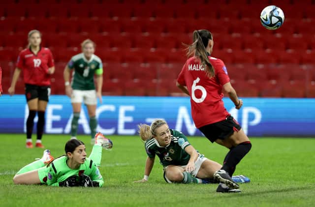 Simone Magill (centre) finished with two goals in Northern Ireland's UEFA Women's Nations League victory by 4-0 over Albania at the National Stadium in Tirana. (Photo by William Cherry/PressEye)