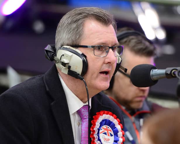 Sir Jeffrey Donaldson pictured at the count centre in Meadowbank Sports Arena, Magherafelt, as he held his Lagan Valley seat in the 2019 general election