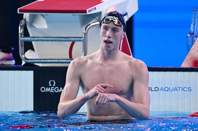Daniel Wiffen of Team Ireland celebrates after winning gold in the Men's 1500m Freestyle Final on day seventeen of the Doha 2024 World Aquatics Championships at Aspire Dome in Doha, Qatar