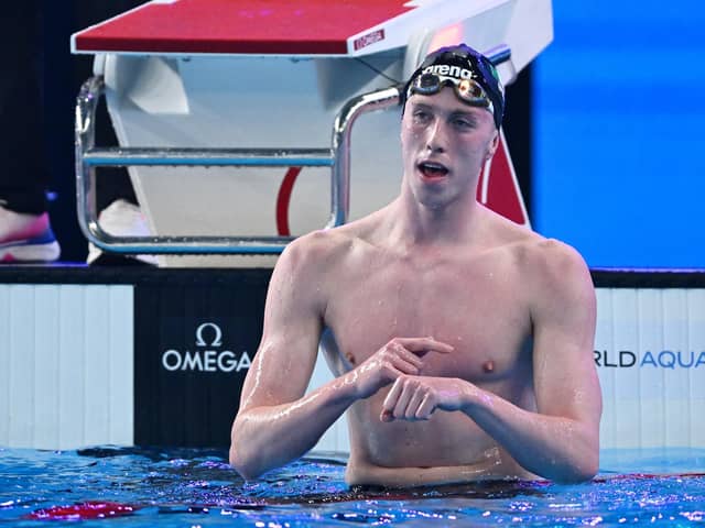 Daniel Wiffen of Team Ireland celebrates after winning gold in the Men's 1500m Freestyle Final on day seventeen of the Doha 2024 World Aquatics Championships at Aspire Dome in Doha, Qatar