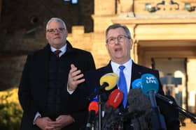 DUP leader Sir Jeffery Donaldson MP (right) and party colleague Gavin Robinson MP speak to the media today at Parliament Buildings in Stormont, Belfast. Sir Jeffrey predicted the green lane element of the Windsor Framework “will go” as he expressed hope that the Stormont powersharing institutions can be restored within days