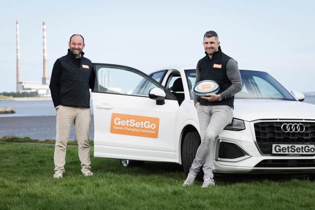 Coleraine-based insurer GetSetGo also proudly welcomes former rugby international Rob Kearney as its brand ambassador, unveiling a customer reward scheme with enticing financial incentives. Gary McClarty, managing director and founder of MCL InsureTech Ltd, is pictured with Rob Kearney