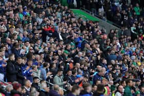 Northern Ireland fans during Saturday's Euro 2024 qualifying win over San Marino at the National Stadium at Windsor Park in Belfast. (Photo David Maginnis/Pacemaker Press)