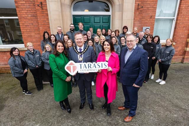 With offices in Belfast, Dublin, Sligo and Armagh, Tarasis Enterprises outlines new plans for investment and 300 new jobs. Pictured are Caroline Rafferty, managing director, Tarasis Enterprises, Lord Mayor of Armagh City, Banbridge & Craigavon Borough Council, councillor Paul Greenfield, Mairead Mackle, CEO and founder, Tarasis Enterprises and Gerald Mackle, executive director, Tarasis Enterprises