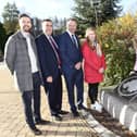 Lord Mayor Alderman Margaret Tinsley officially unveils Centenary Stone at Craigavon Civic Centre, pictured with elected representatives, Councillor Kyle Moutray, Alderman Stephen Moutray, Councillor Keith Ratcliffe and Councillor Kate Evans.