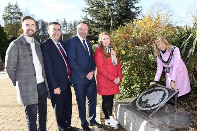 Lord Mayor Alderman Margaret Tinsley officially unveils Centenary Stone at Craigavon Civic Centre, pictured with elected representatives, Councillor Kyle Moutray, Alderman Stephen Moutray, Councillor Keith Ratcliffe and Councillor Kate Evans.