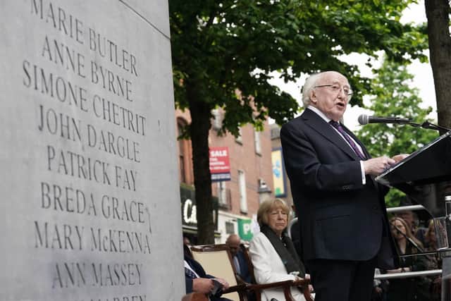 President of Ireland Michael D Higgins speaks during a wreath-laying ceremony at the Memorial to the victims of the Dublin and Monaghan bombings on Talbot Street in Dublin