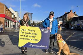 Council Chairperson Cllr Cora Corry and Gary with Golden Retriever and Labrador cross Buster support Guide Dogs NI’s Open Doors Campaign.