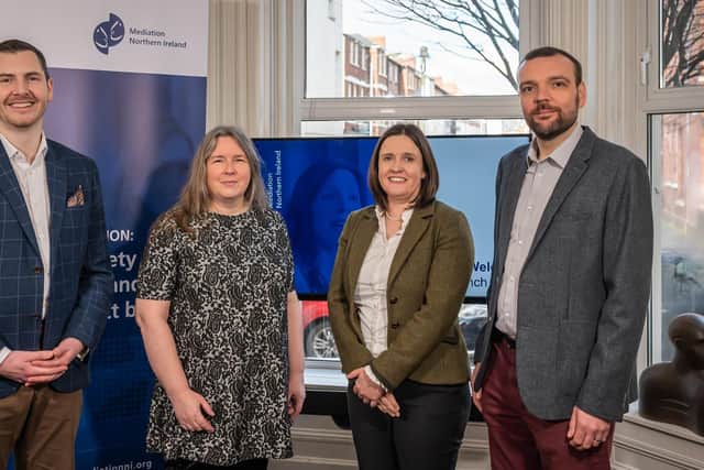 Enda Young (Managing Director of Mediation NI), Laurie Randall (Mediation and Development Director), Dr Catherine Turner (Chair of the Board), Rob Colwell (Operations Director)