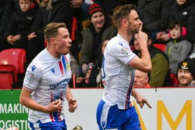 Matthew Fitzpatrick celebrates scoring for Linfield. PIC: Andrew McCarroll/ Pacemaker Press