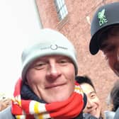 Simon Parry of Portadown Liverpool Supporters Club with Jurgen Klopp ahead of the Liverpool v Arsenal Premier League match last month