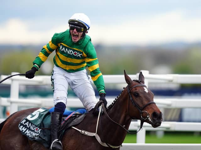 Paul Townend celebrates winning the Randox Grand National Handicap Chase aboard I Am Maximus at Aintree Racecourse, Liverpool. (Photo by Mike Egerton/PA Wire)