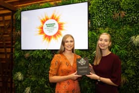 Queen's University Belfast has won the ‘Best Energy Achievement in Third Level Education’ award at the Business Energy Achievement Awards 2023 in Dublin. Pictured at the Business Energy Achievement Awards 2023 in Dublin are Naomi Martin, environmental officer and Rachel Vaughan, project support officer (Sustainability)
