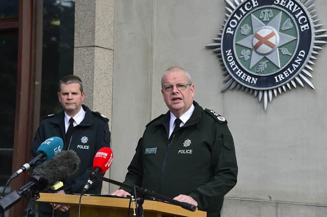 PSNI Chief Constable Simon Byrne and ACC Chris Todd pictured during an update on the data breach at police headquarters in August. Photo: Arthur Allison/Pacemaker Press