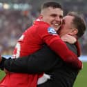 Ronan Hale celebrates with Jim Magilton after winning the Irish Cup. PIC: Desmond Loughery/Pacemaker Press