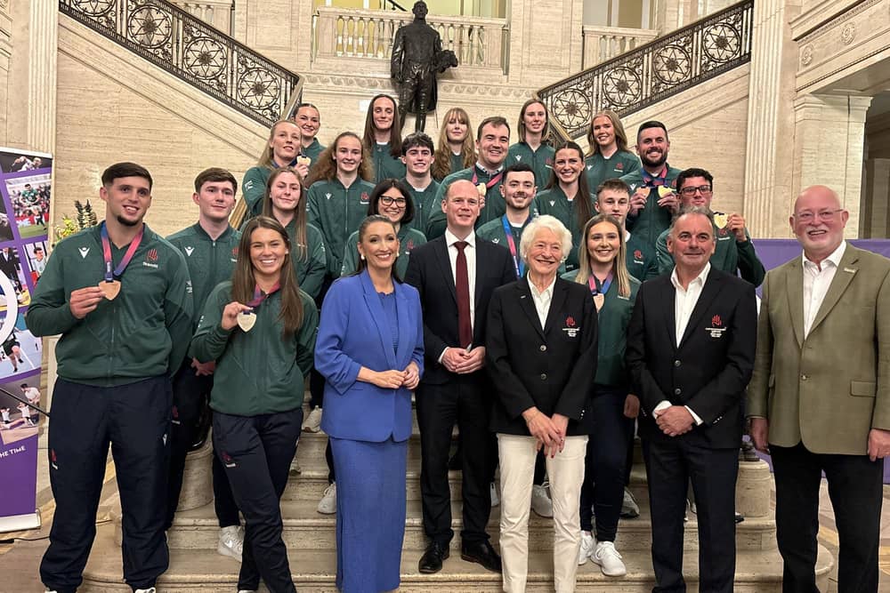Team NI athletes from the Commonwealth Games during the homecoming event hosted by Communities Minister Gordon Lyons (centre) and attended by Deputy First Minister Emma Little-Pengelly (centre left) and Dame Mary Peters (centre right) at Parliament Buildings, Stormont in Belfast. Also included are Stephen Martin (second right, Commonwealth Games Northern Ireland chair) and Gavin Boyd (right, Sport NI chair). (Photo by Rebecca Black/PA Wire)