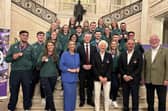 Team NI athletes from the Commonwealth Games during the homecoming event hosted by Communities Minister Gordon Lyons (centre) and attended by Deputy First Minister Emma Little-Pengelly (centre left) and Dame Mary Peters (centre right) at Parliament Buildings, Stormont in Belfast. Also included are Stephen Martin (second right, Commonwealth Games Northern Ireland chair) and Gavin Boyd (right, Sport NI chair). (Photo by Rebecca Black/PA Wire)