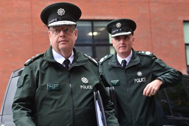 Former Chief Constable Simon Byrne arriving at a meeting of the policing board with Deputy Chief Constable Mark Hamilton on August 31 this year. Photo: Colm Lenaghan/Pacemaker