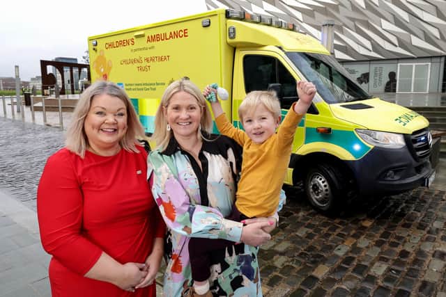 Northern Ireland’s first bespoke children’s ambulance was officially launched today. Pictured are, from left, Joanne McCallister, Chief Executive Officer of Children’s Heartbeat Trust, Edel McInerney from Lisburn and her son, Fionn