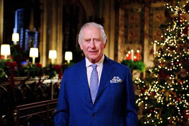 King Charles III during the recording of his first Christmas broadcast in the Quire of St George's Chapel at Windsor Castle, Berkshire