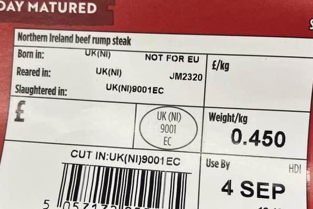 The new labelling on Asda produce says Not for EU on the second line of the label, a requirement of the new Windsor Framework which will be necessary from October. The DUP and UUP have reacted with concern to the news. 
Photo: BBC