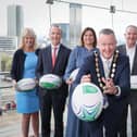 Ireland captain to lineout for NI Chamber president’s banquet. Pictured are Joyce Shaw (Cathedral Eye Clinic), Adrian Doran (Barclays), Shauna Graham (ABL), Cathal Geoghegan (president, NI Chamber), Paul Murnaghan (BT), Barbara McKiernan (Vanrath) and Patrick Brown (Tughans)