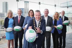 Ireland captain to lineout for NI Chamber president’s banquet. Pictured are Joyce Shaw (Cathedral Eye Clinic), Adrian Doran (Barclays), Shauna Graham (ABL), Cathal Geoghegan (president, NI Chamber), Paul Murnaghan (BT), Barbara McKiernan (Vanrath) and Patrick Brown (Tughans)