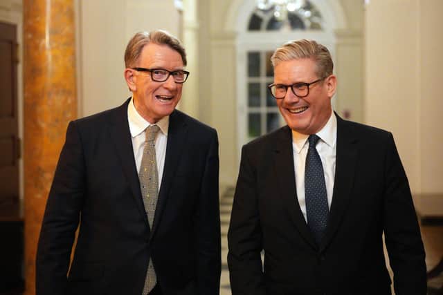 Prime Minister Sir Keir Starmer (right) and British ambassador to the United States Lord Peter Mandelson during a welcome reception at the ambassador's residence in Washington, DC. Lord Peter Mandelson has been withdrawn as ambassador to the US after emails revealed the depth of his relationship with paedophile financier Jeffrey Epstein. Picture: Carl Court/PA Wire