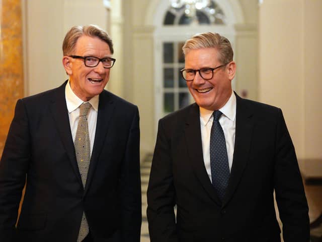 Prime Minister Sir Keir Starmer (right) and British ambassador to the United States Lord Peter Mandelson during a welcome reception at the ambassador's residence in Washington, DC. Lord Peter Mandelson has been withdrawn as ambassador to the US after emails revealed the depth of his relationship with paedophile financier Jeffrey Epstein. Picture: Carl Court/PA Wire
