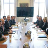Minister for Levelling Up, Michael Gove (third left) facing camera, NI Secretary Chris Heaton-Harris (second left), and First Minister Michelle O'Neill, Deputy First Minister Emma Little Pengelly (second right), across the table at the first East-West Council meeting at Dover House in London this week. Mr Gove says: "It was great to sit once again around the table with the devolved leaders of Northern Ireland in a way that has been impossible over the past couple of years." Pic: Stefan Rousseau/PA Wire