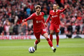 LIVERPOOL, ENGLAND - APRIL 13: Conor Bradley of Liverpool runs with the ball during the Premier League match between Liverpool FC and West Ham United FC at Anfield on April 13, 2025 in Liverpool, England. (Photo by Liverpool FC/Liverpool FC via Getty Images)