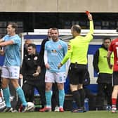 Larne’s Chris Gallagher is awarded a red card for a tackle on Elliot Dunlop. (Photo by INPHO/Stephen Hamilton)