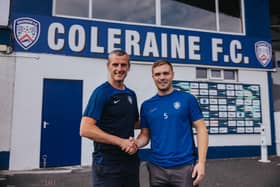 Coleraine boss Oran Kearney pictured with new recruit Graham Kelly. Picture: David Cavan/Coleraine FC