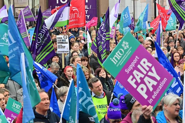 Thousands of workers in the education and health sectors in Northern Ireland take part in strike action on February 21. Pic Colm Lenaghan/Pacemaker