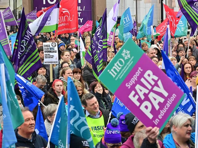 Thousands of workers in the education and health sectors in Northern Ireland take part in strike action on February 21. Pic Colm Lenaghan/Pacemaker