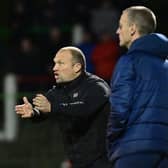 Glentoran manager Warren Feeney (left) during the game against Coleraine. (Photo by Colm Lenaghan/Pacemaker)