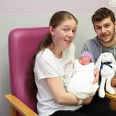 Stacey Jordan and Curtis Moore with their newborn baby girl at the Royal Victoria Hospital on Christmas Day 2022