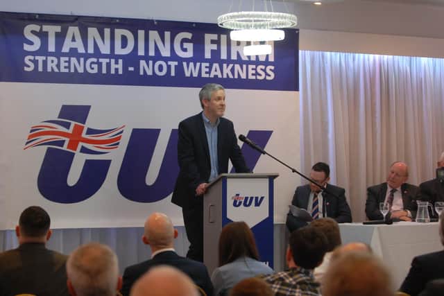 Owen Polley addresses the TUV conference in Cookstown on Saturday. He said that the News Letter had consistently and accurately tried to analyse the effects of the emergence since 2016 of the Irish Sea border