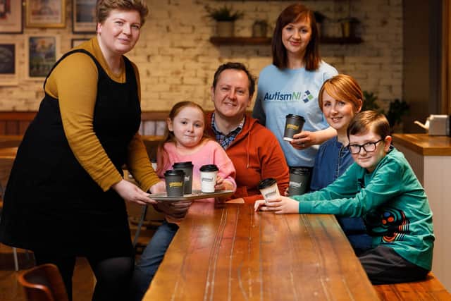 The Baxter family from Belfast joined Naomi Millar, area manager Ground Espresso Bars (L) and Therese Wilson, corporate fundraising manager (inset) to launch their new charity partnership for World Autism Acceptance Month in April.  The first fundraising initiative will see 10p from every coffee sold during April being donated to Autism NI.  For more information visit www.autismni.org.